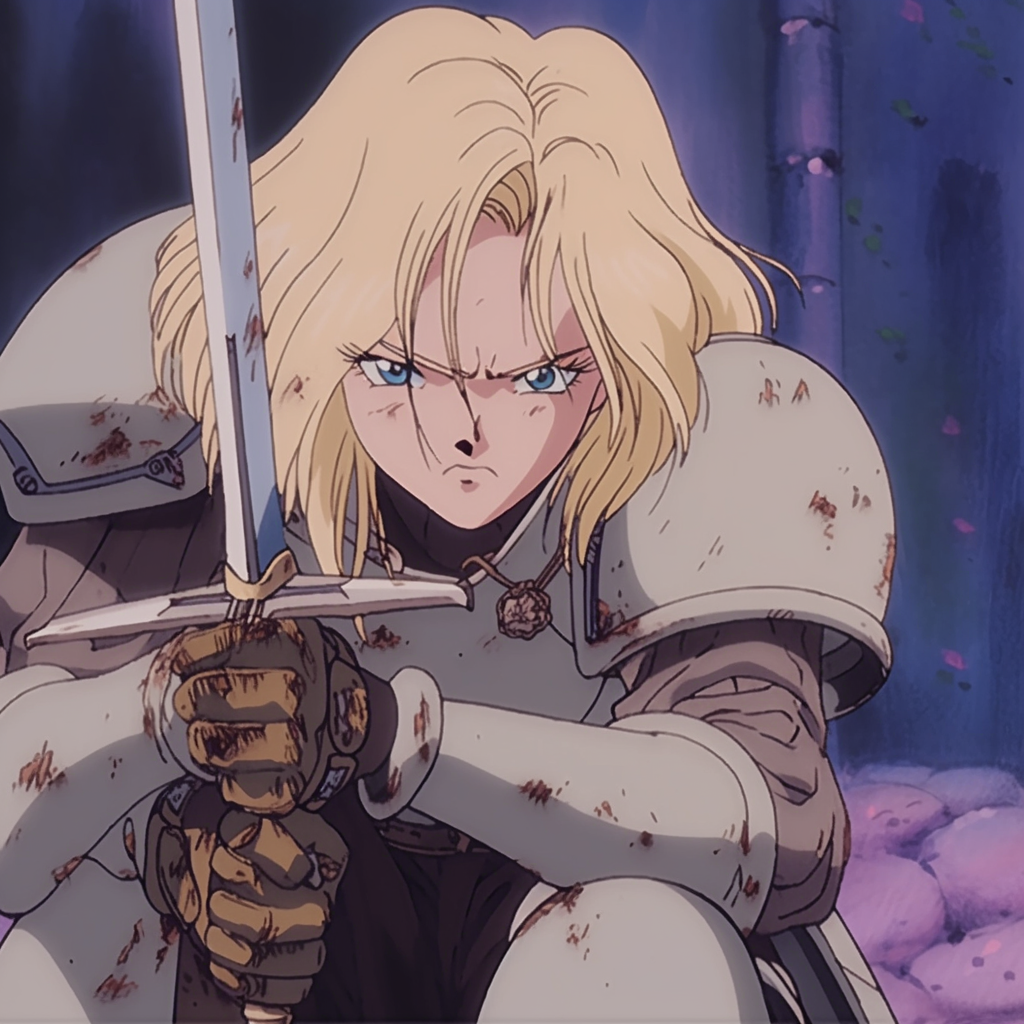 Blonde anime Joan of Arc in battle armor