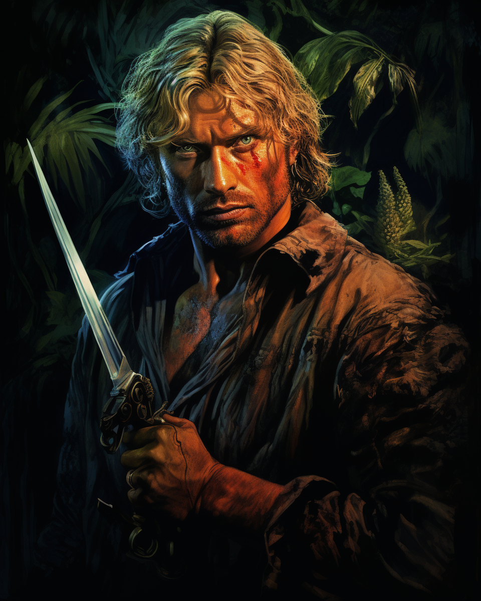 Aryan man in jungle holding weapon