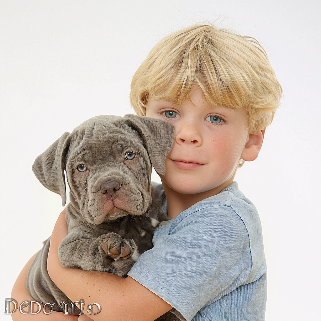 Blonde boy with Cane Corso puppy