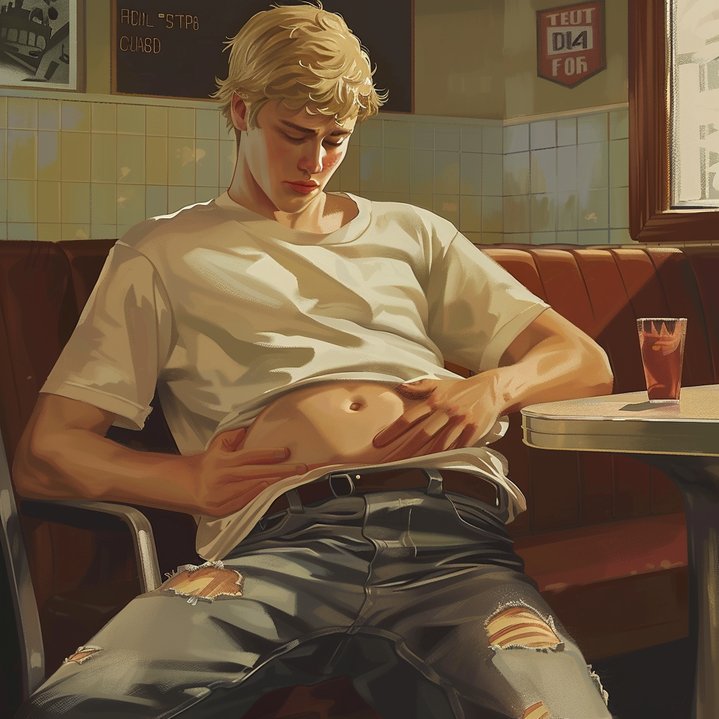 Blonde college boy eating in diner