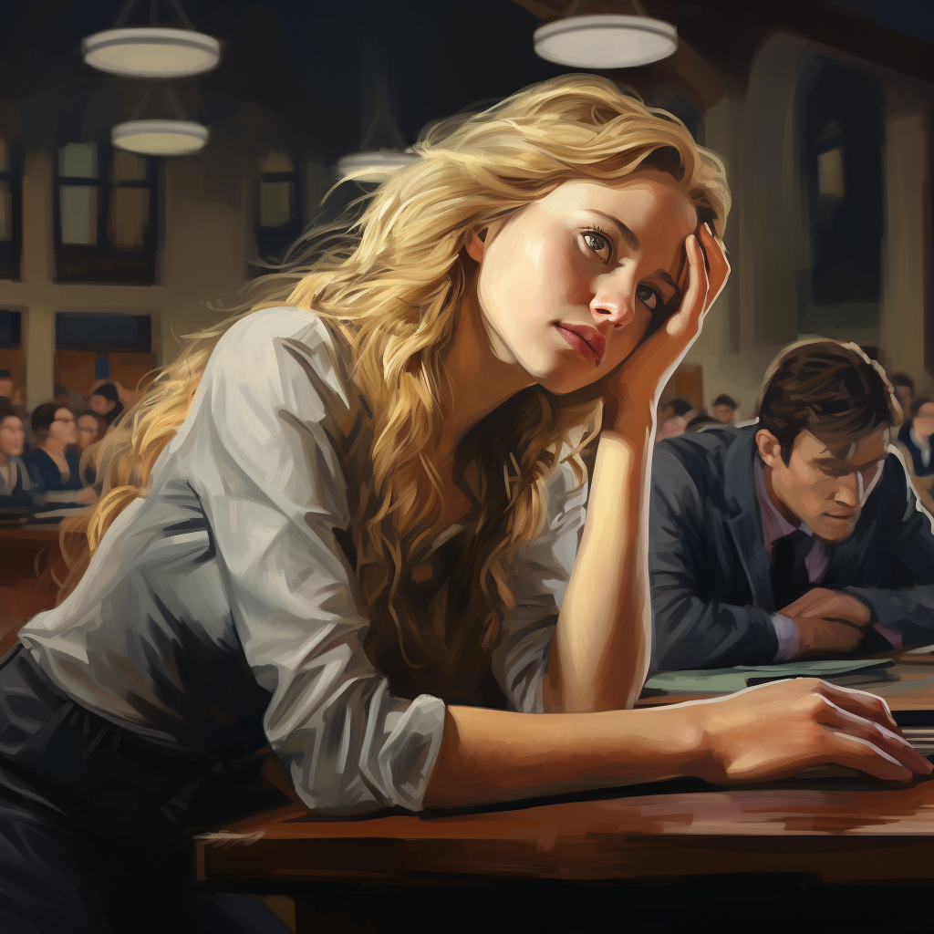 Exhausted blonde college woman in lecture