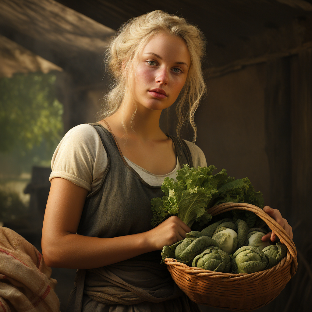 Blonde female farm worker with farm produce