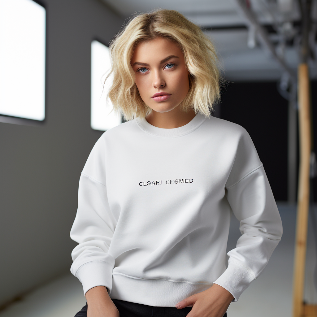 Blonde female model in white sweatshirt