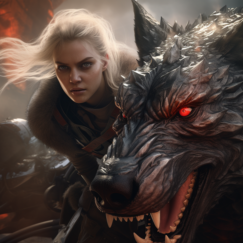 Blonde Female Riding Black Warg in Epic Fantasy Scene