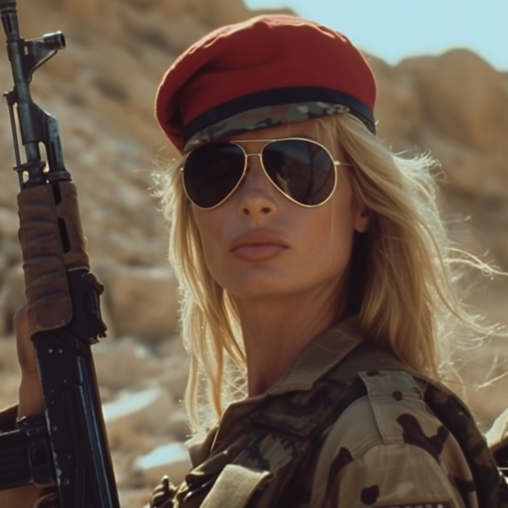 Blonde female soldier with red beret and aviator sunglasses