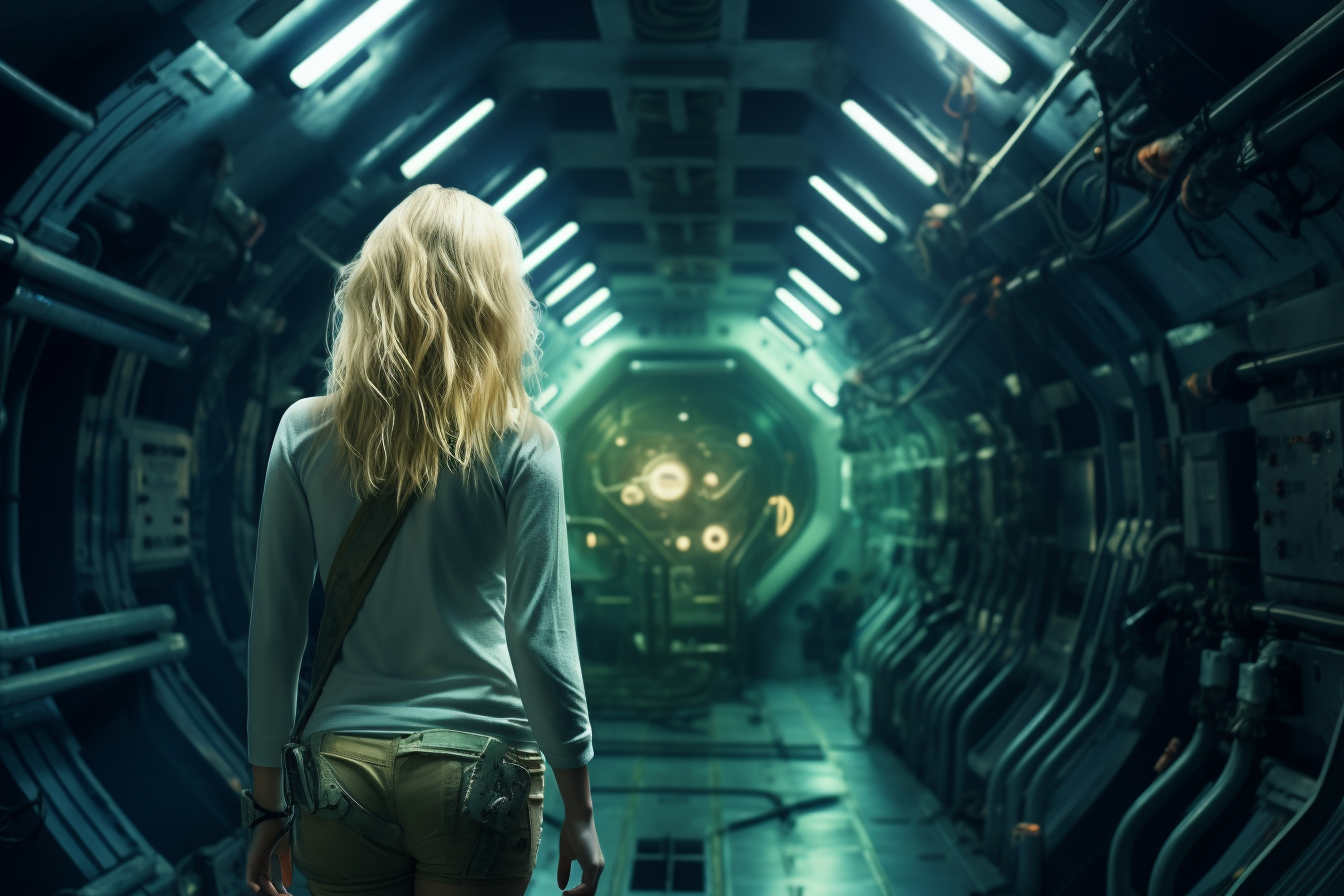 Blonde Female Space Explorer in Modern Submarine