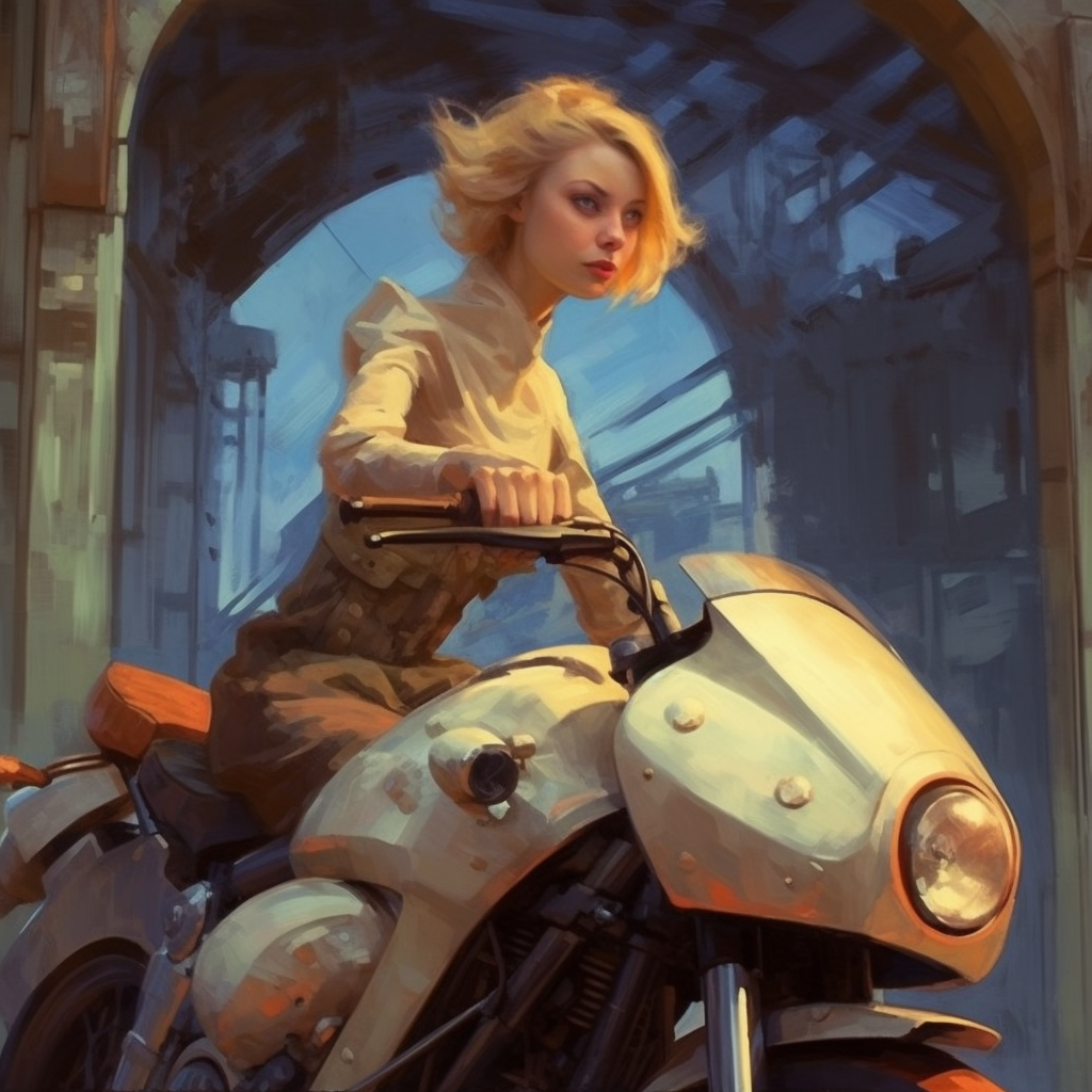 Beautiful blonde on a futuristic motorcycle painting