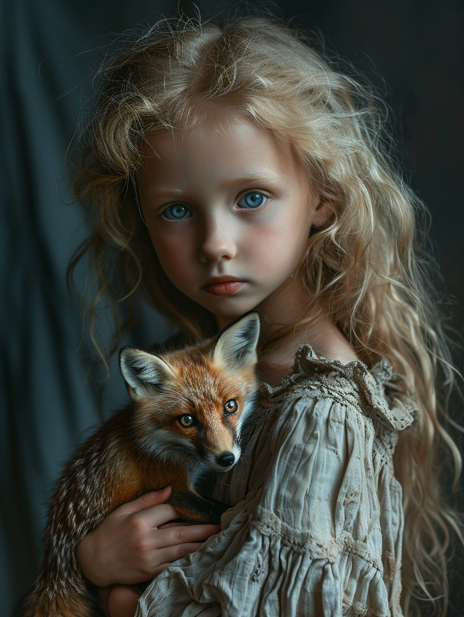 Blonde girl with blue eyes holding a small fox