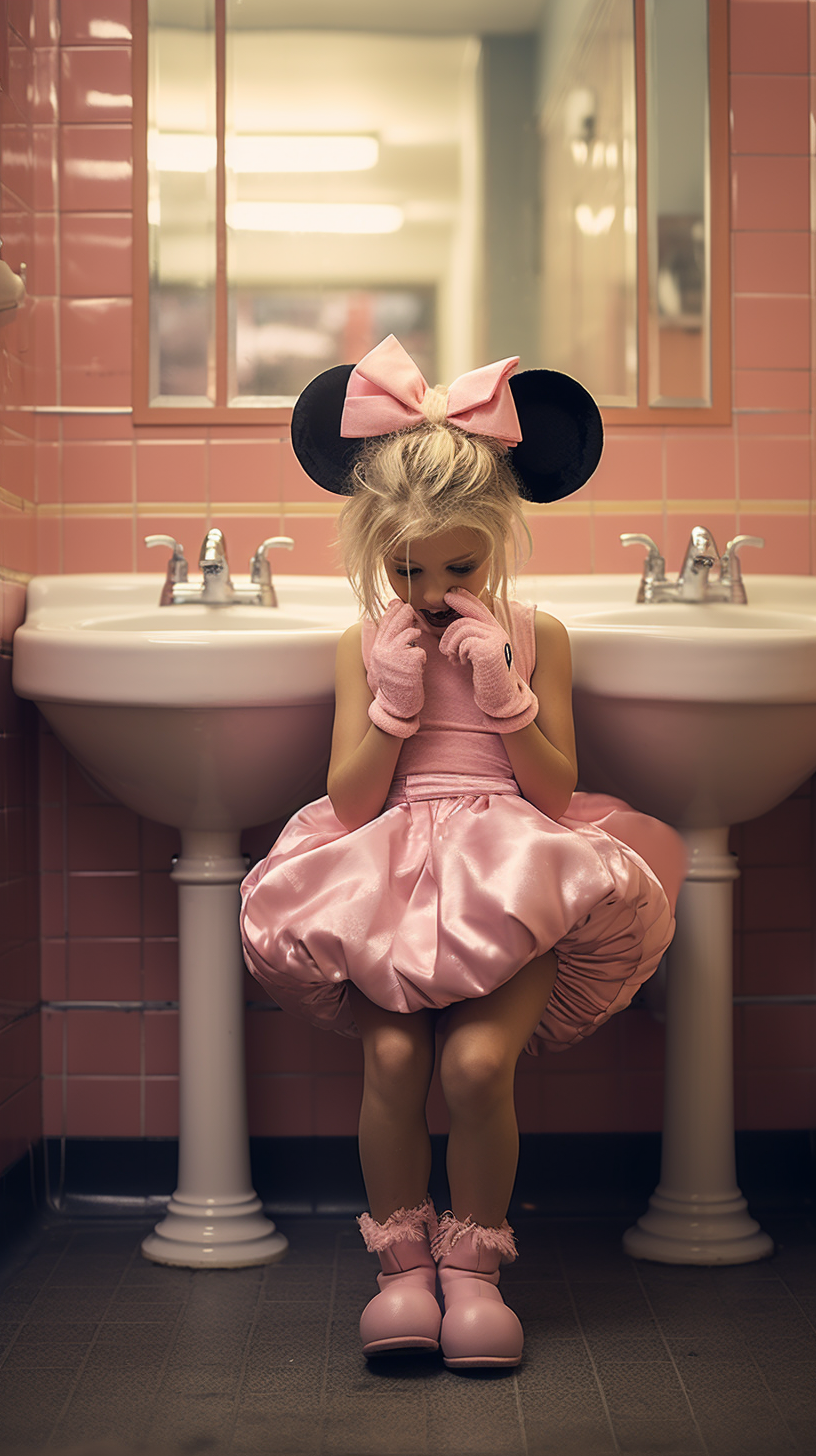 4-year-old blonde girl washing hands at Disneyland Park