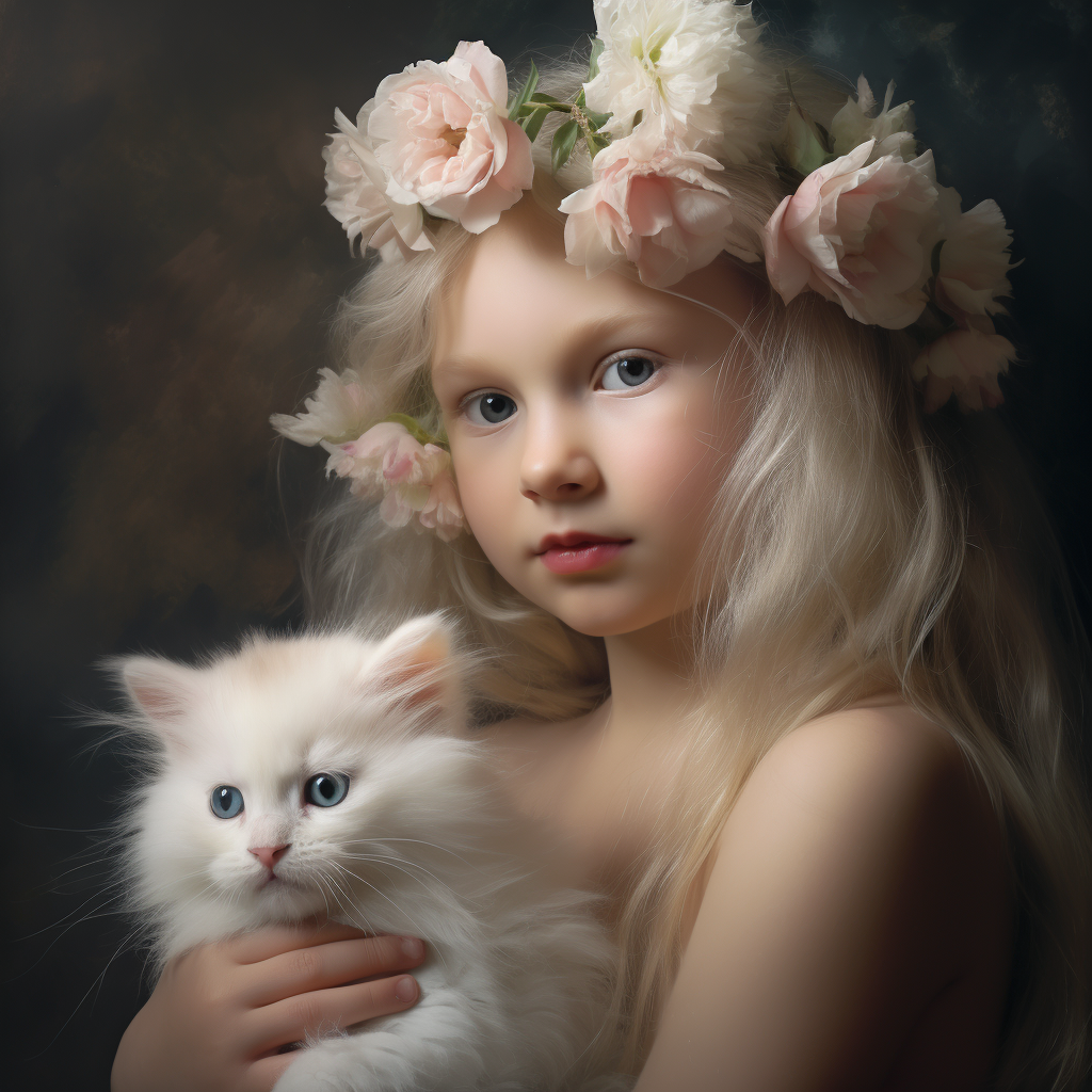 Little girl holding white Persian kitten