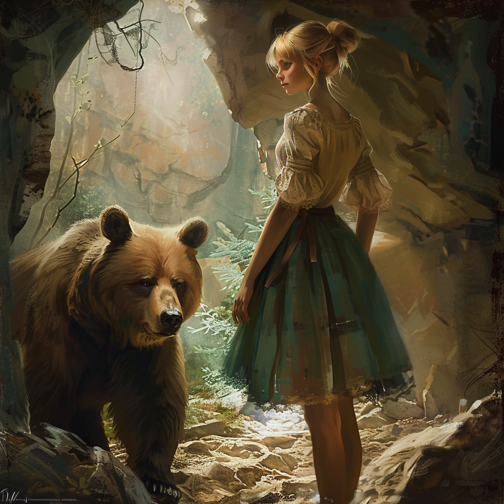 Blonde girl with bear in cave