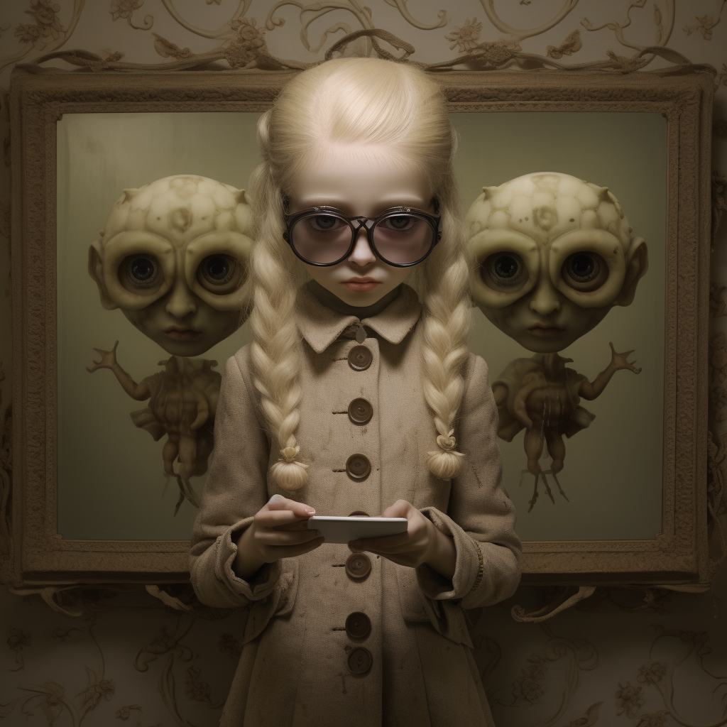 Blonde girl in Mark Ryden style, melancholy and grunge