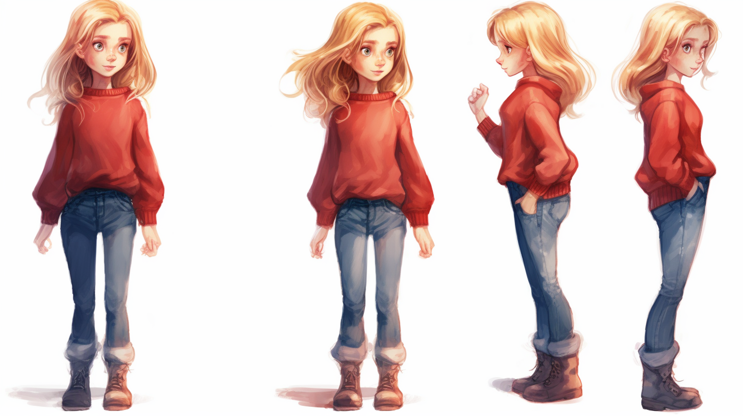 Ten-year-old Blonde Girl in Red Pullover and Blue Jeans