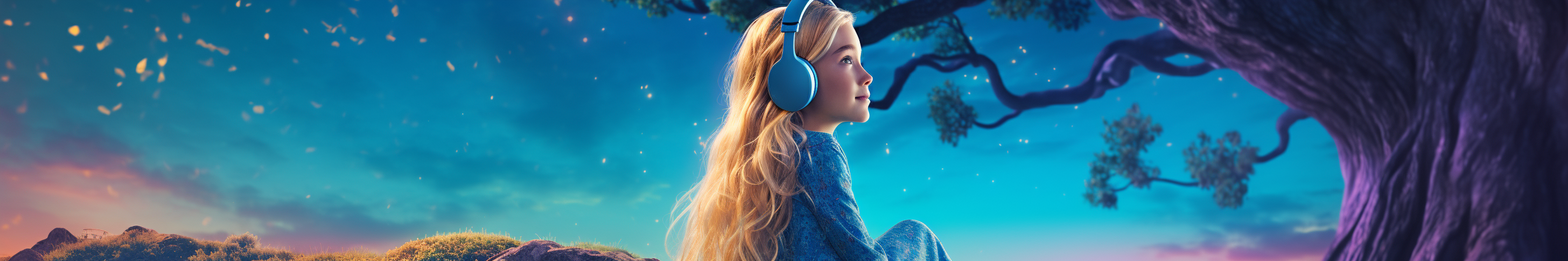 Blonde girl in blue dress listening to music under a tree