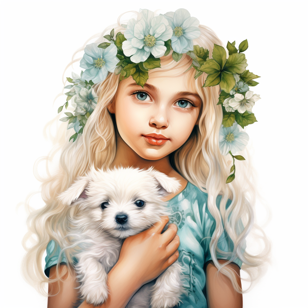 Little girl with flower crown and white puppy