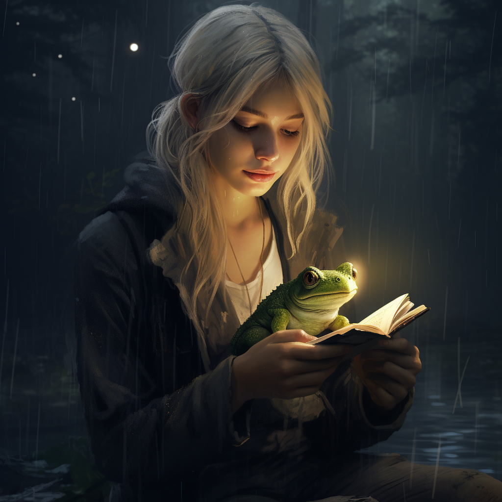 Blonde girl holding a frog and a book in a rainy forest