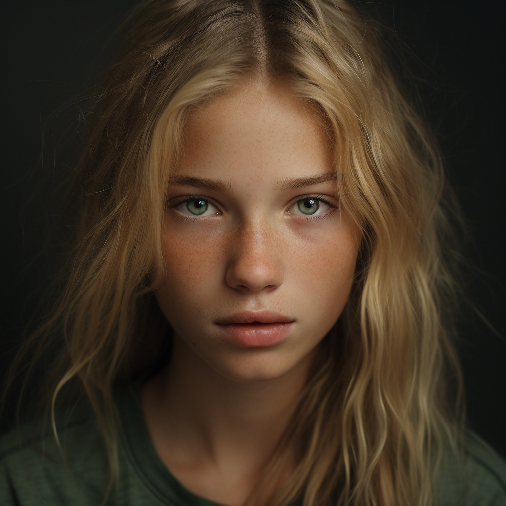 portrait of 13 year old blonde girl with green eyes