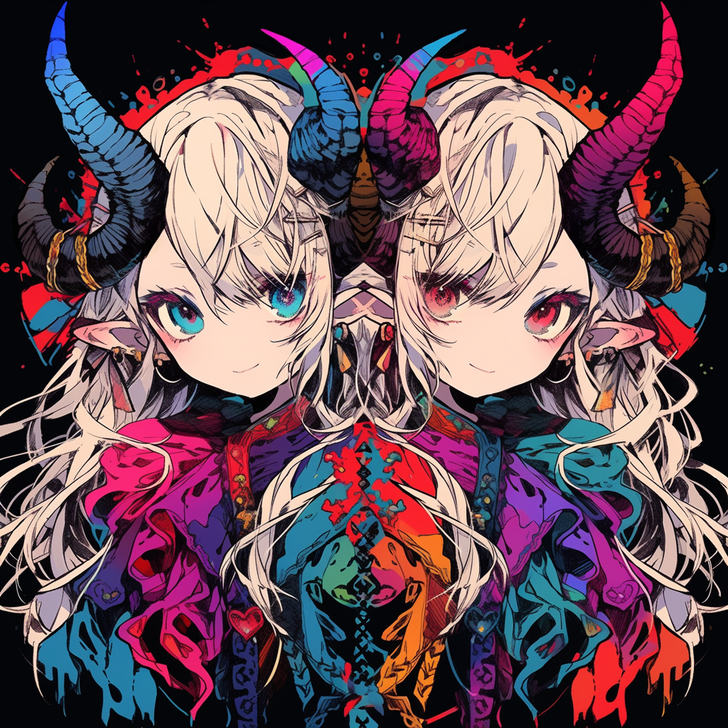 Blonde girls twins dresses horns red eyes