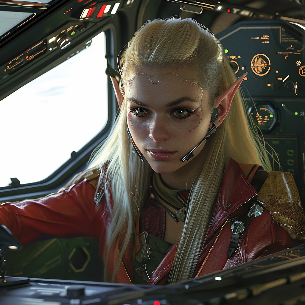 Blonde hair female elf spaceship pilot