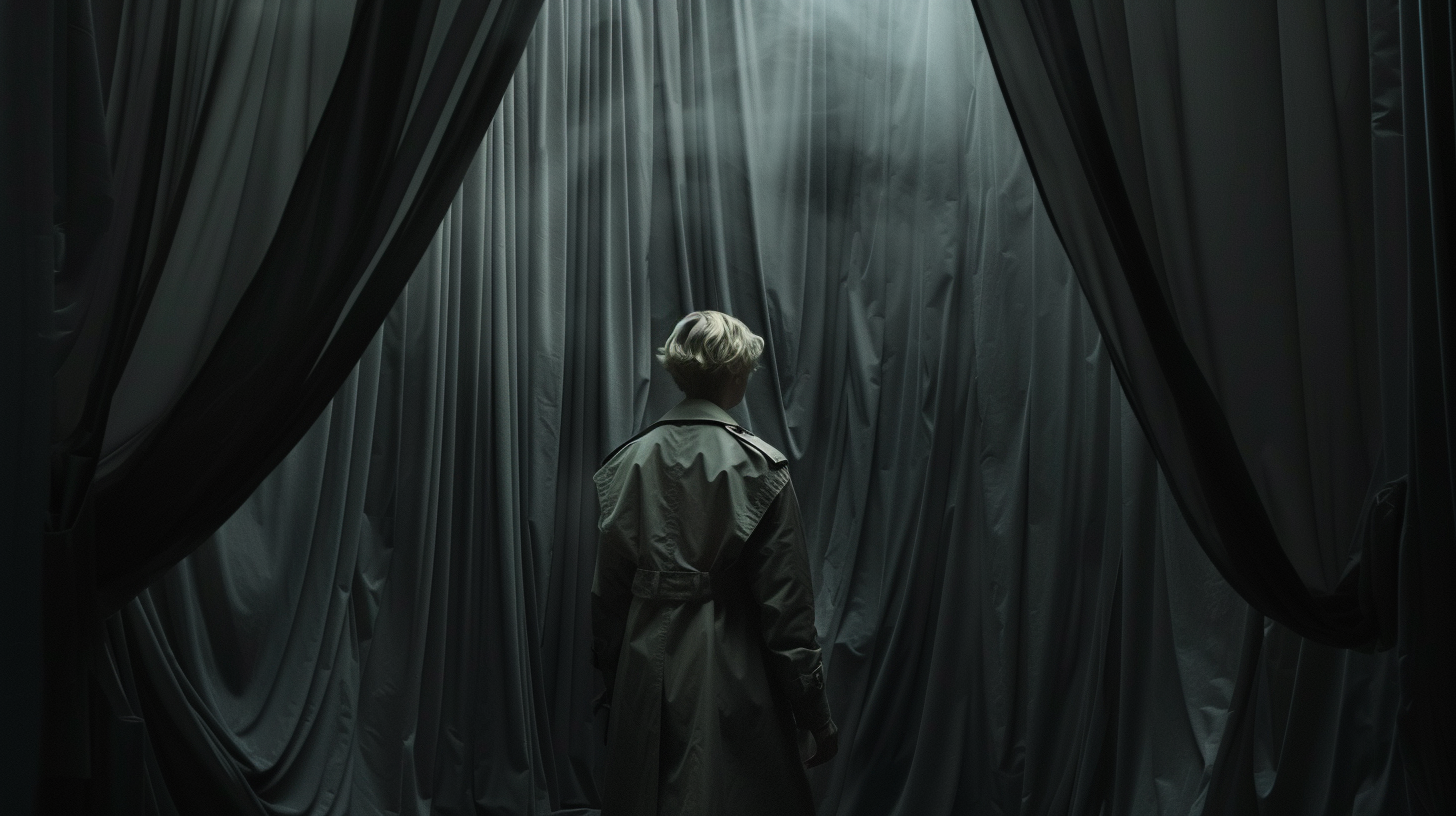 Woman in Trenchcoat Walking Through Flowy Curtains