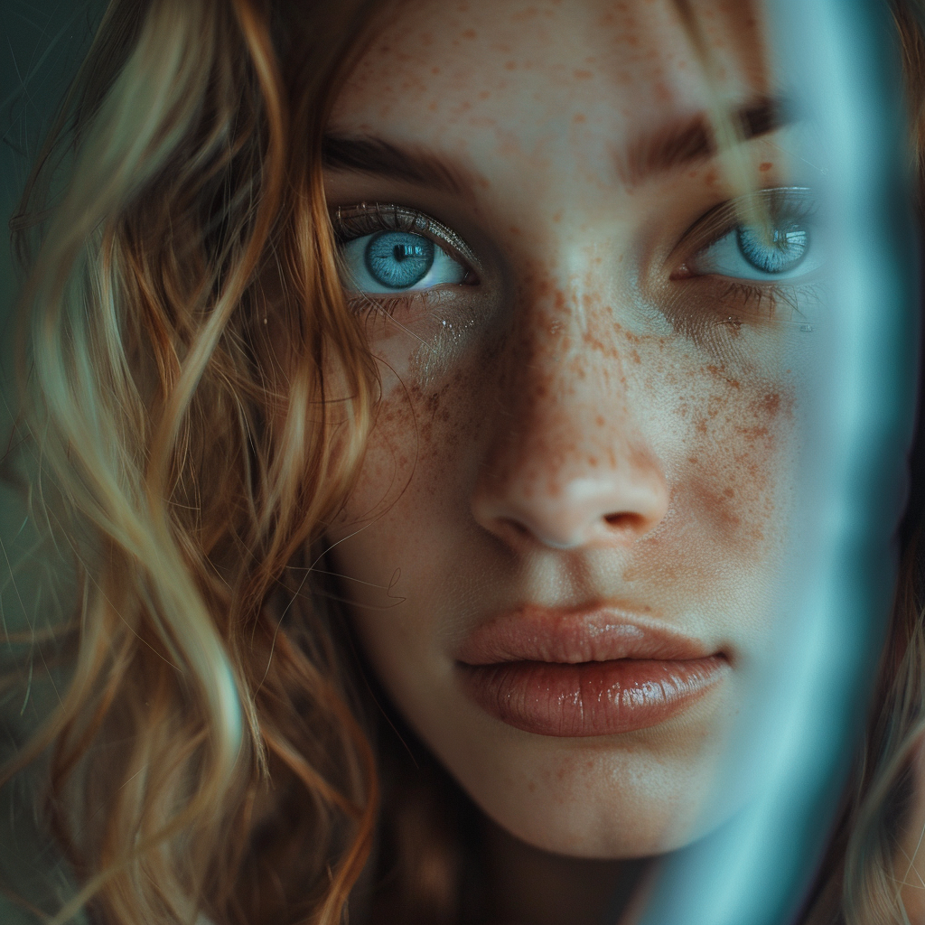 Blonde woman putting makeup mirror