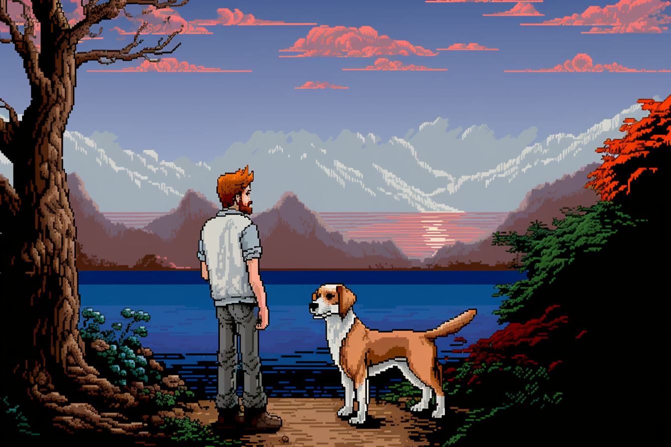 Blonde man with beagle in pixel art