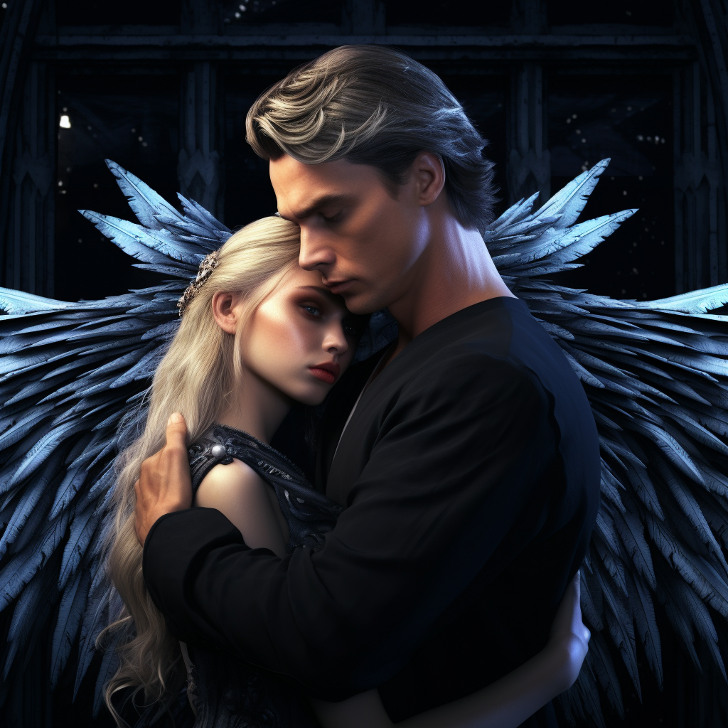 Blonde man embraces fantasy woman with wings