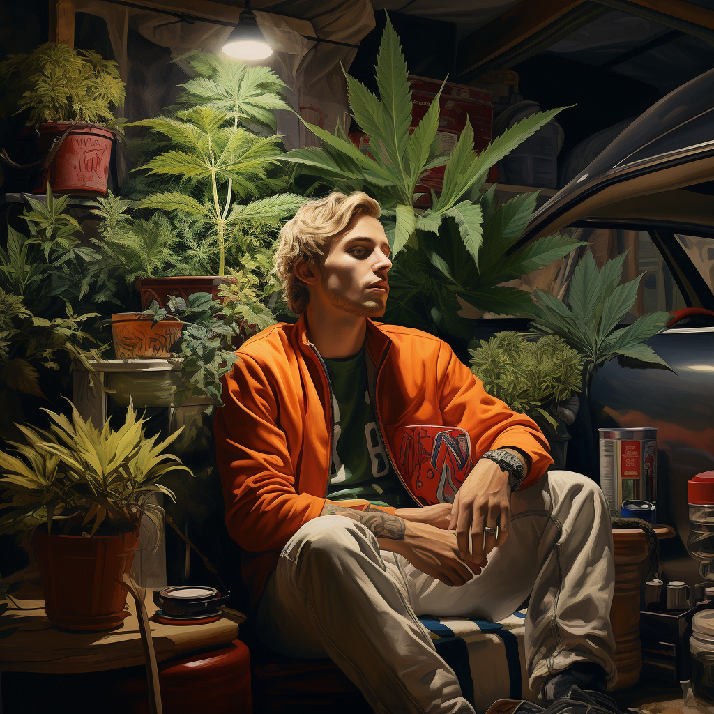 Blonde man growing marijuana plant