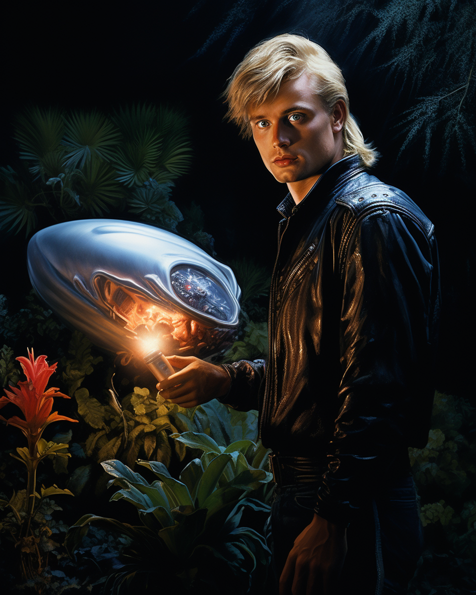 Blonde man with weapon and UFO