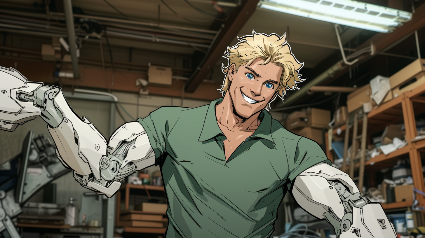 Blonde man with white cybernetic arms in workshop