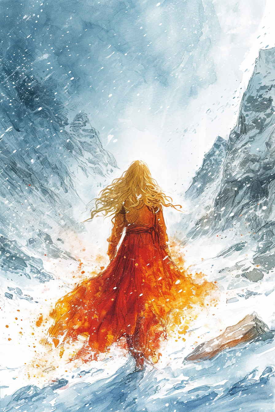 Blonde priestess walking away from blizzard in fire-wreathed robes