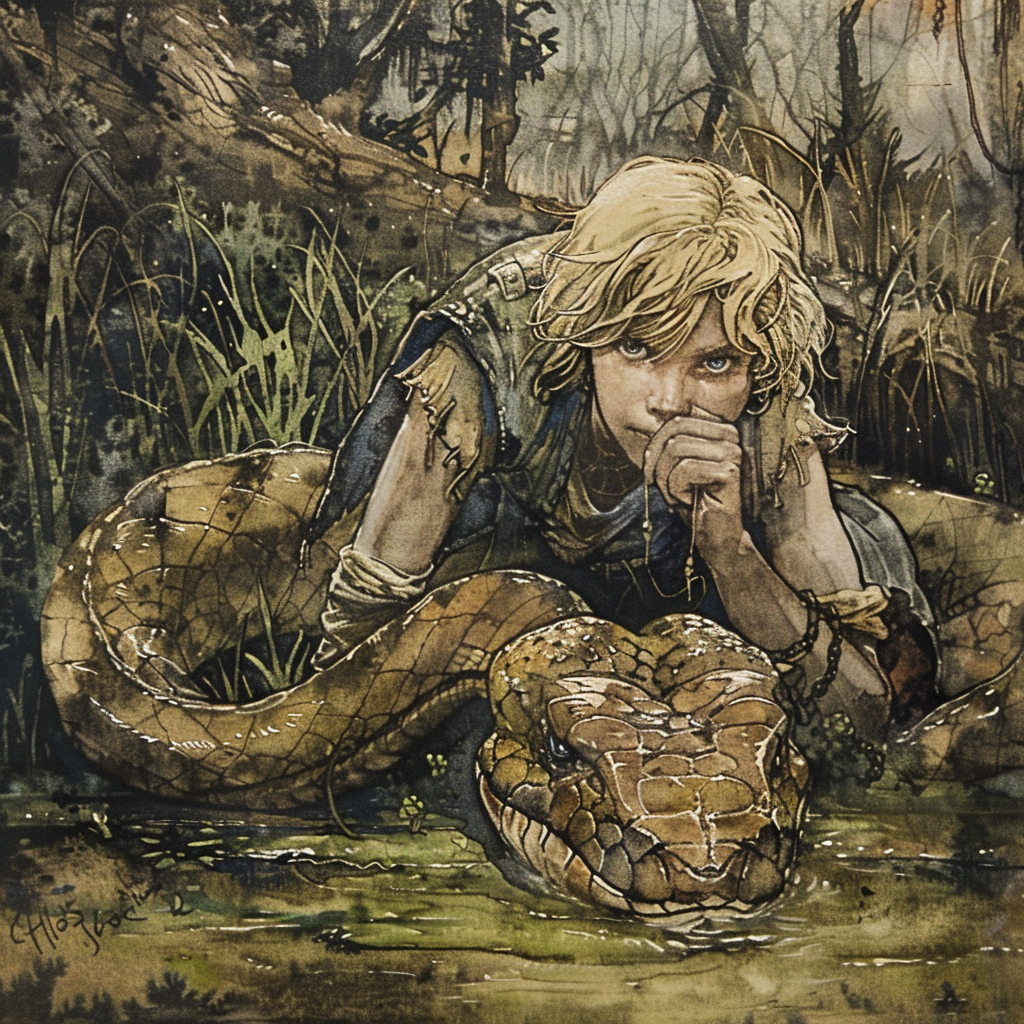 blonde prince on giant snake (max 6 words)