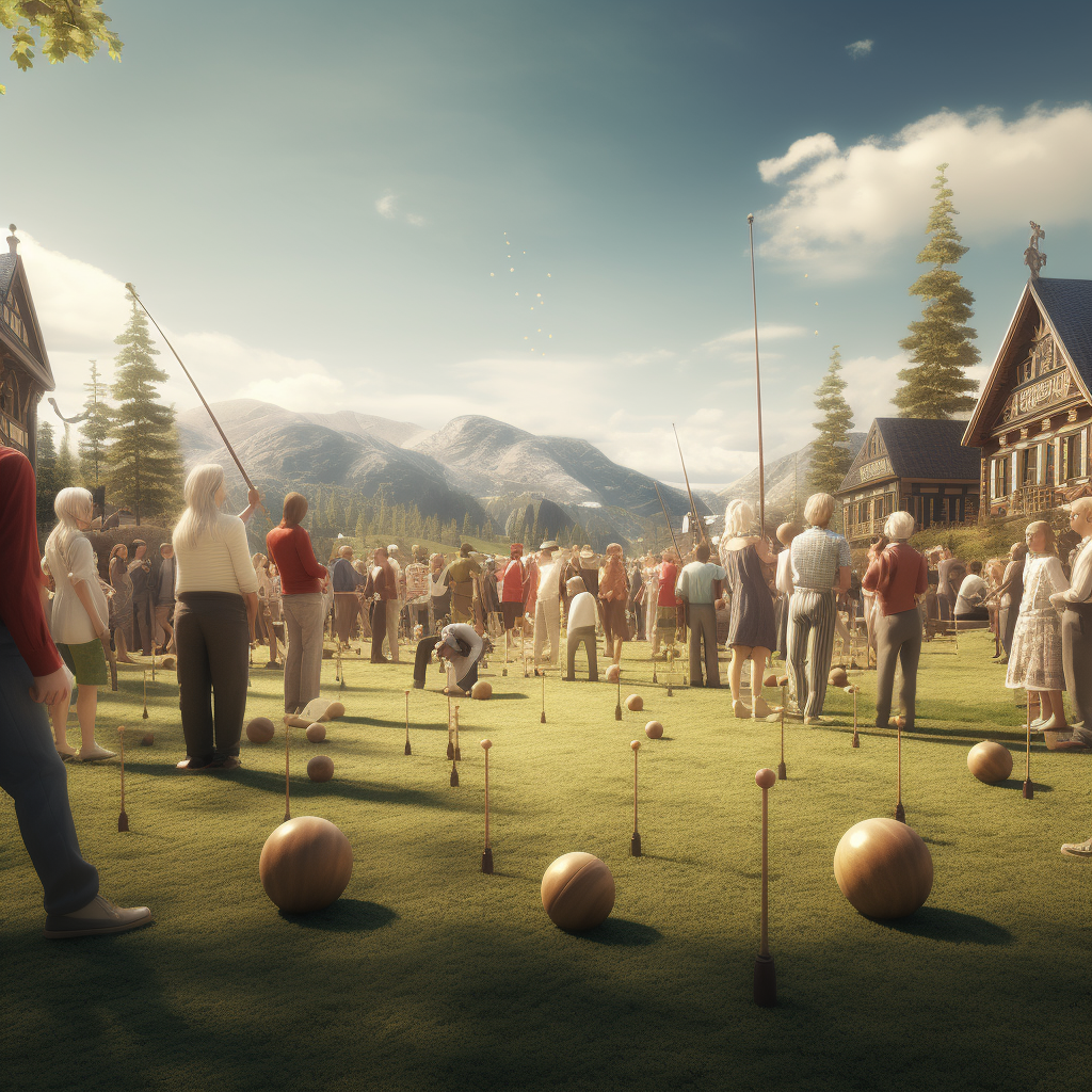 Blonde Scandinavian people enjoying a game of croquet