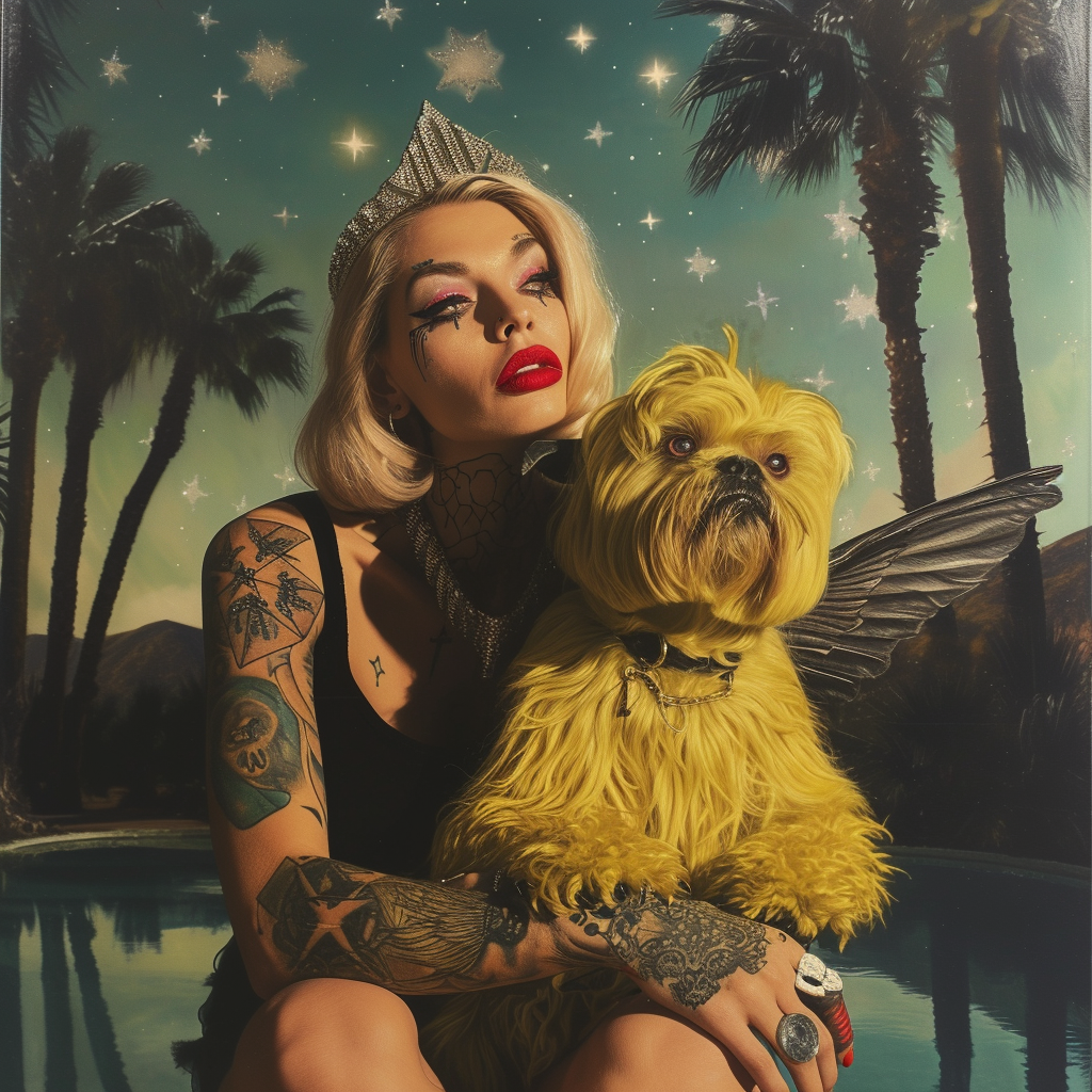 Blonde tattoo woman with monster pet in Palm Springs