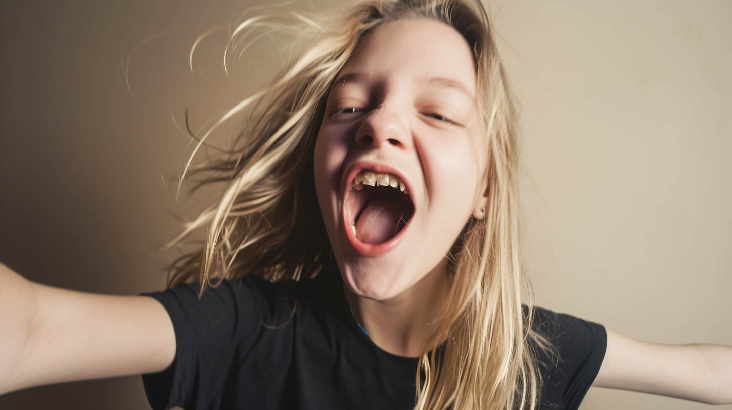 Blonde teen girl singing and shouting in choir selfie