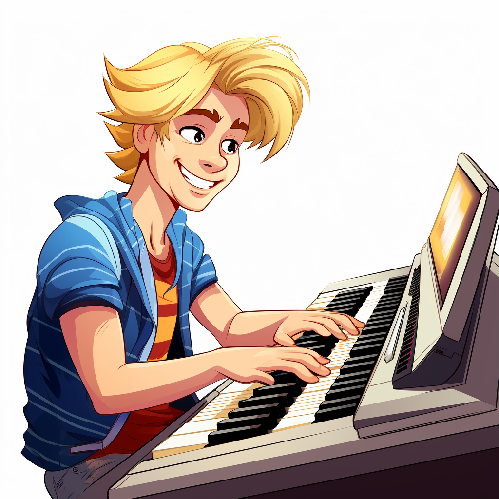 Blonde teenage boy playing music keyboard