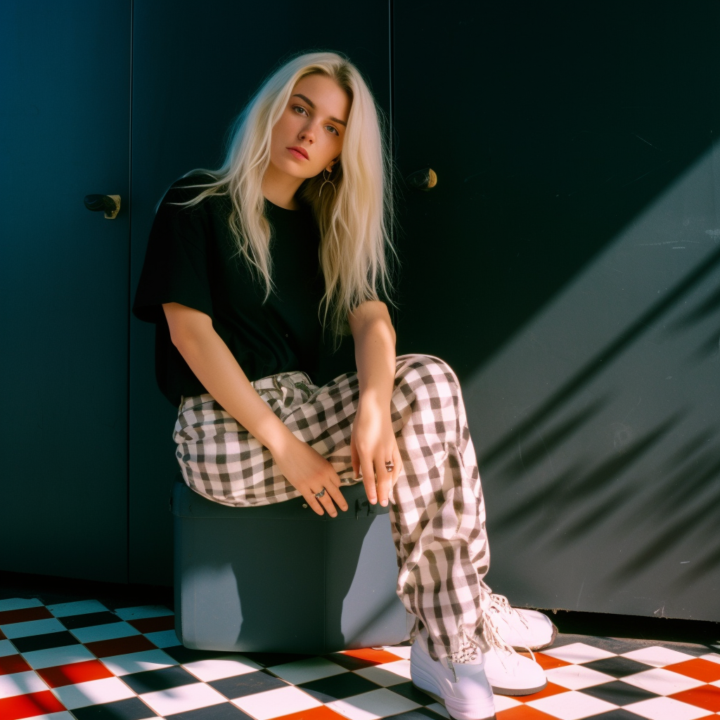 Fashionable blonde woman in black t-shirt and jeans