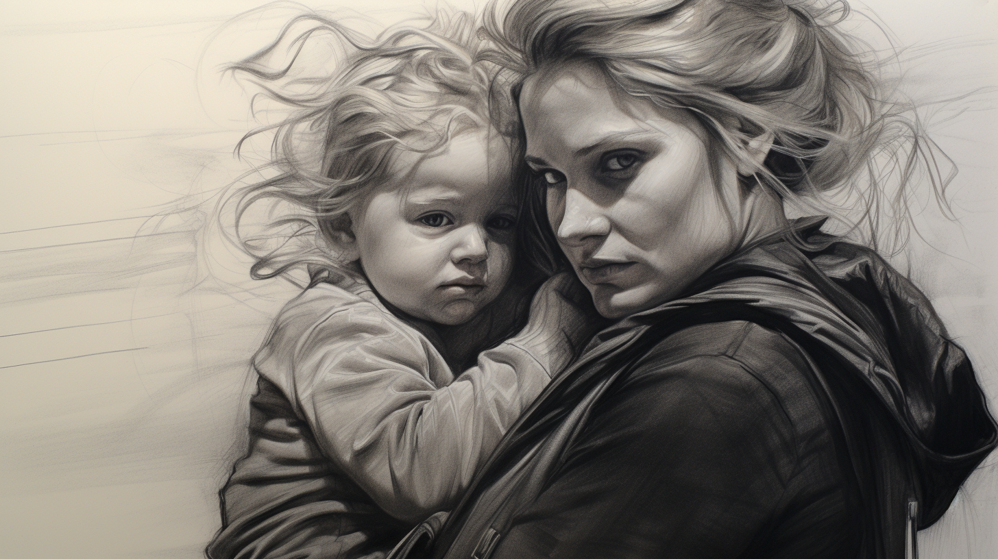 Charcoal drawing of blonde woman with baby