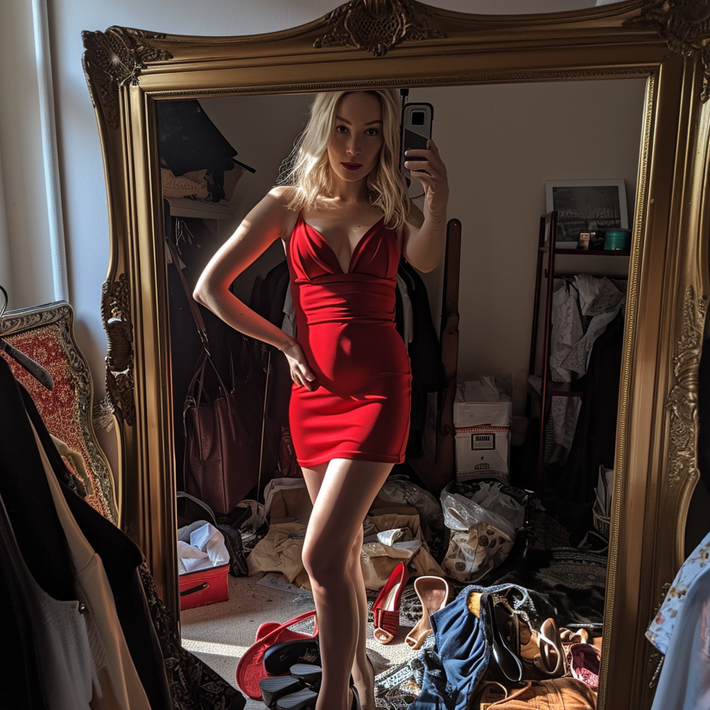 Blonde woman wearing red dress and heels for Christmas