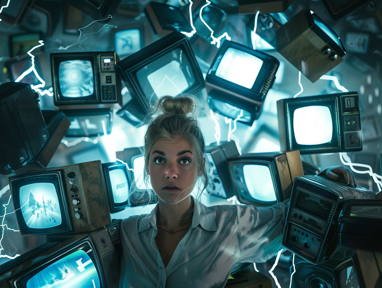 Blonde woman surrounded by devices