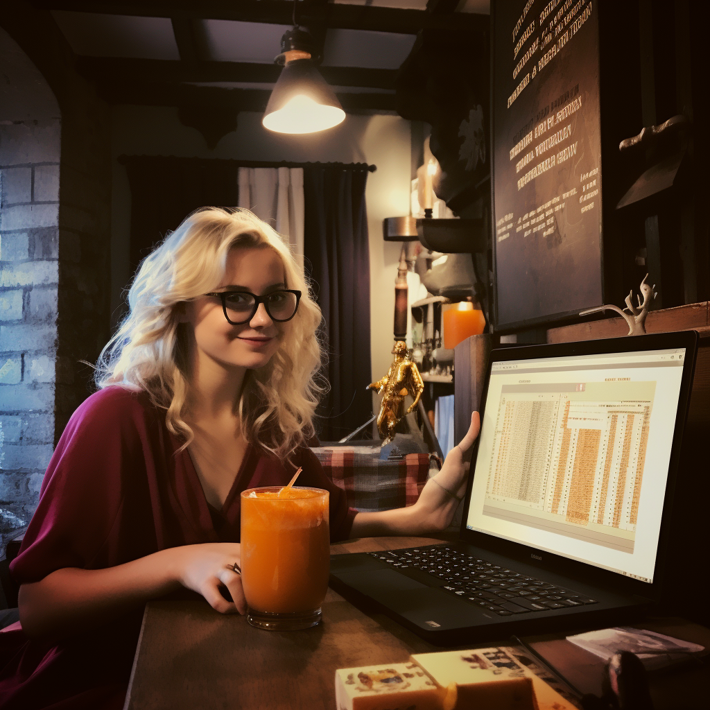 Blonde woman studying statistics while enjoying Harry Potter book