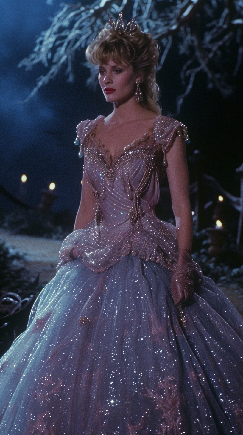 Blonde woman in 80s fantasy ballgown by lake and bridge