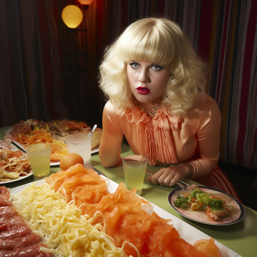 Blonde woman with fringe tripping on LSD at 70s dinner party with surreal hotdog elephants, sausage retro jello salad, and 50s food