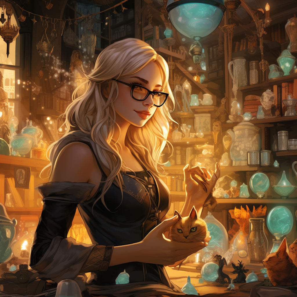 Blonde woman exploring a magical shop with her cats