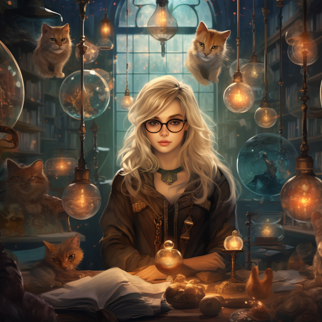 Blonde woman with glasses in a magic shop