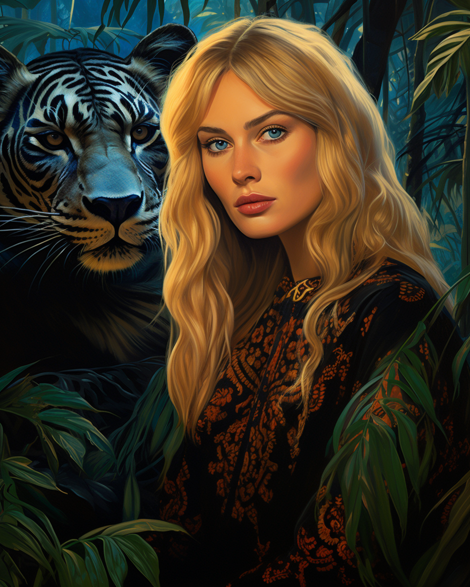 Blonde woman in jungle with jaguar