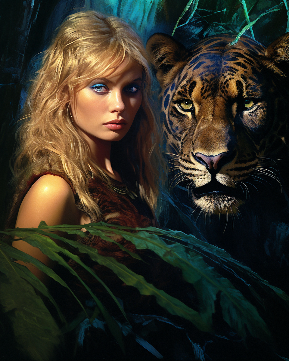 Blonde woman with jaguar in jungle