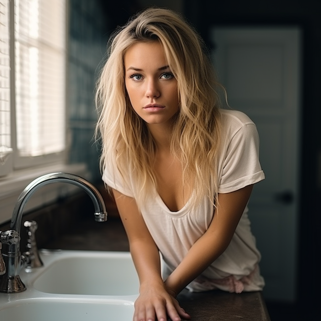 Blonde woman at kitchen sink