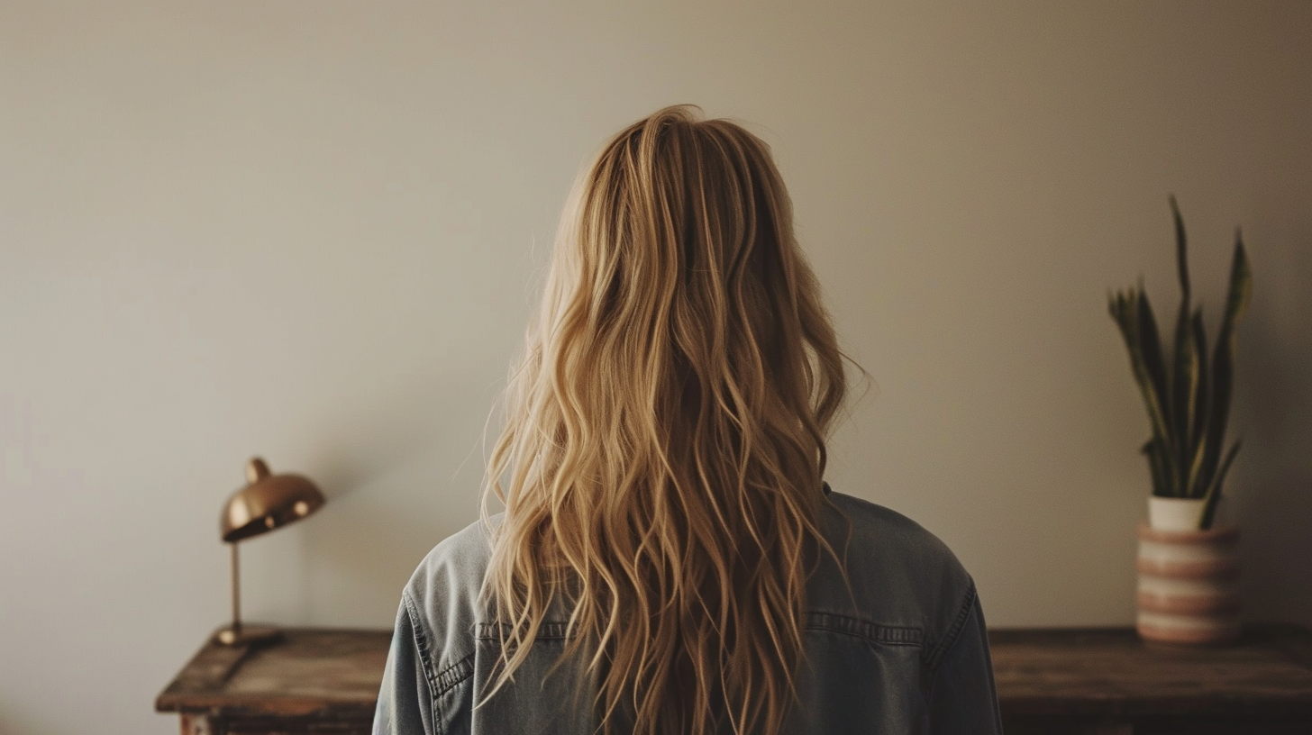 Blonde woman looking at empty white wall