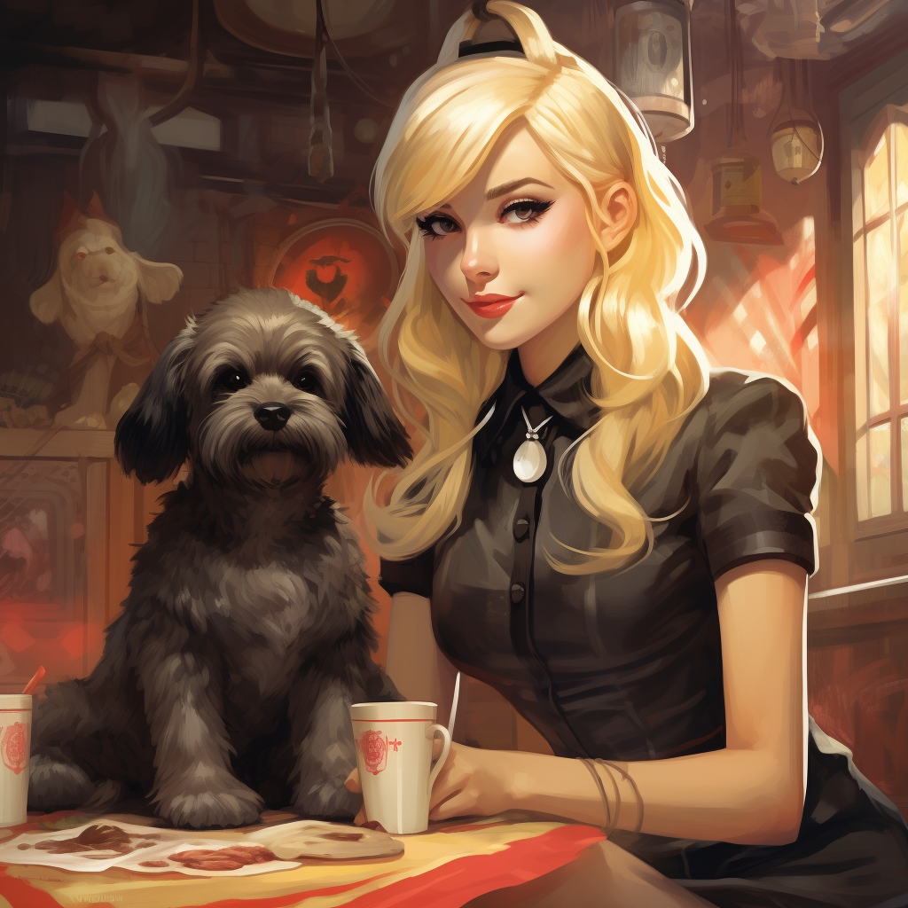 Blonde woman with mini schnauzer in fantasy world